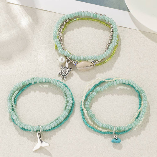 Ocean Style Pendant Glass Rice Bead Multi-layer Bracelet: Green / Medium