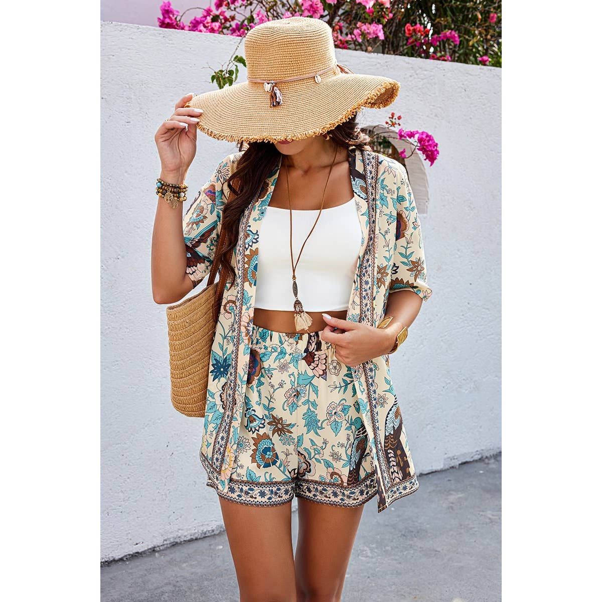 Two Pieces Floral Print Boheme Pocket Elastic Sets: BEIGE GREEN / M