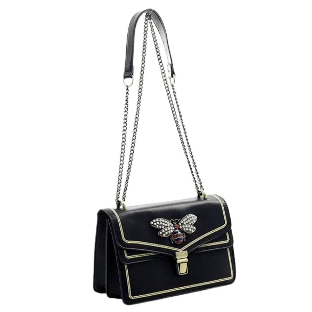 Black Bee Dual Compartment Shoulder Bag: Black / Faux Leather / 9.25 x 6 x 4 inches