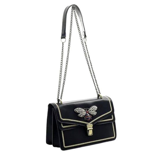 Black Bee Dual Compartment Shoulder Bag: Black / Faux Leather / 9.25 x 6 x 4 inches