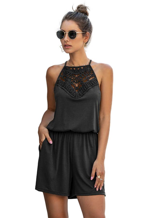 Solid Halter Lace Sleeveless Patchwork Romper: WINE / L