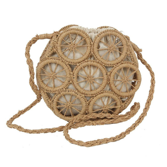 Brown Straw Wheel Crossbody: Color / Multi Tone / 8.5 x 8 x 2.8 inches