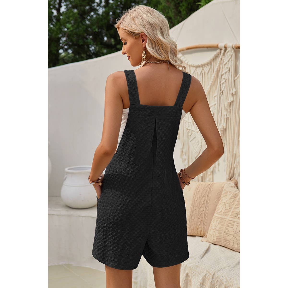 Sleeveless Jacquard Adjustable Strap Romper: Sky Blue / M