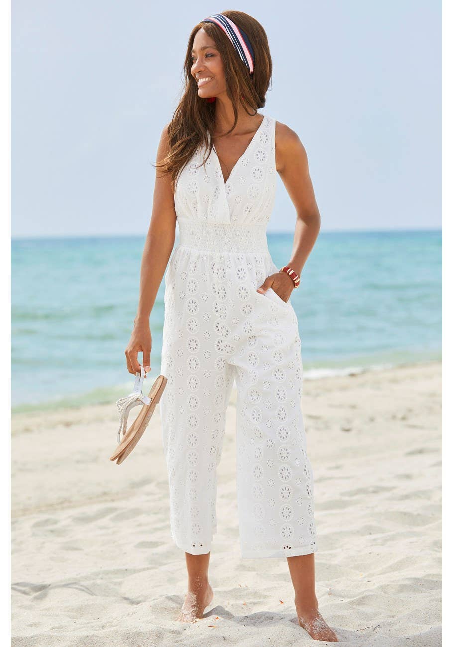 LASCANA Women's Sleeveless Eyelet Jumpsuit: White / 6
