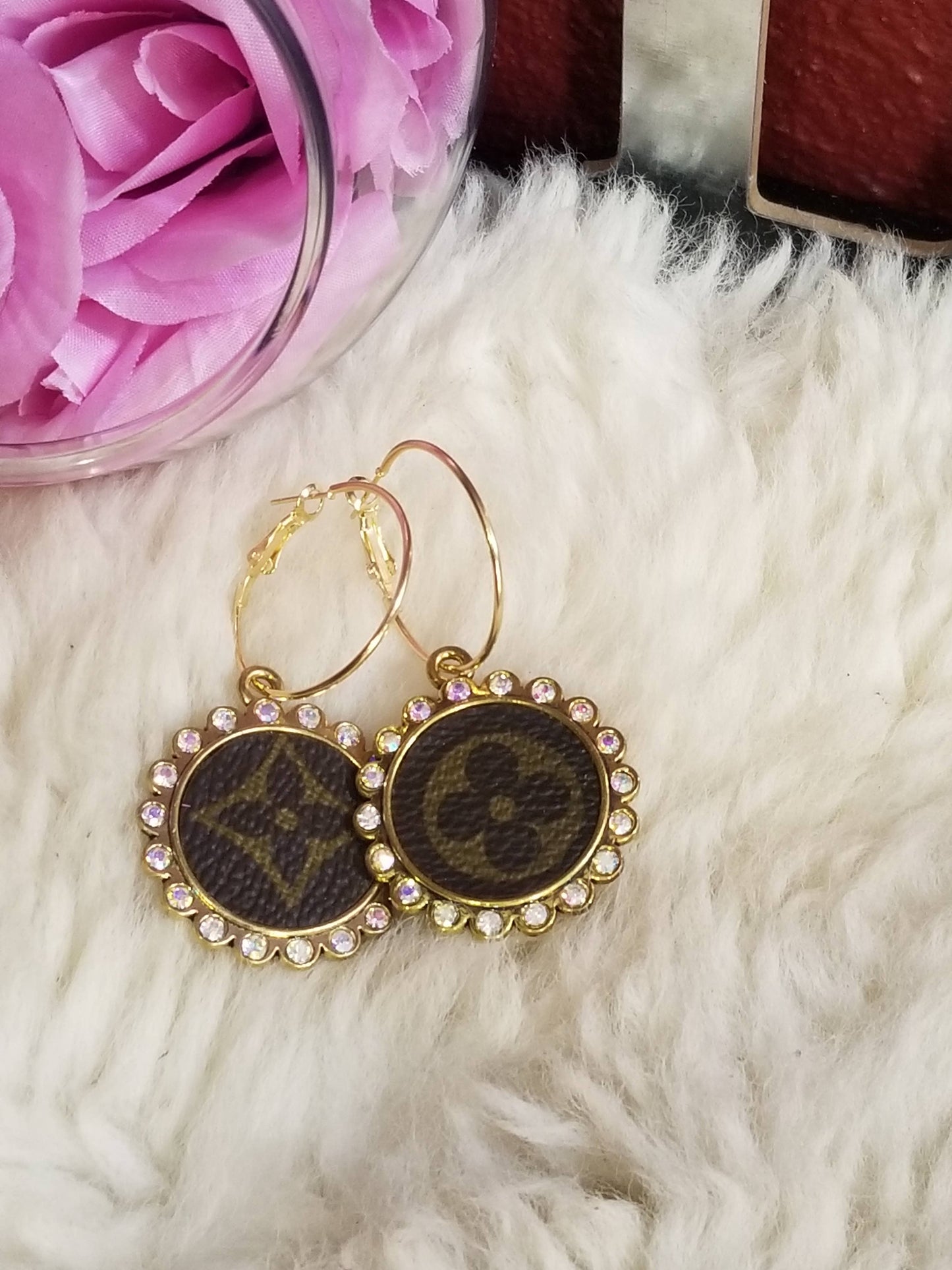 Upcycled LV bezel hoop earrings