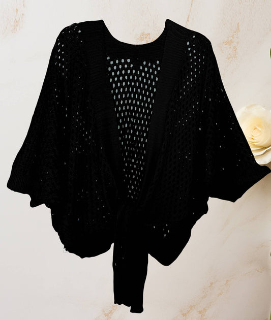 JC063344 Eyelet Open-Knit Metallic Cardigan with Front Tie: Black