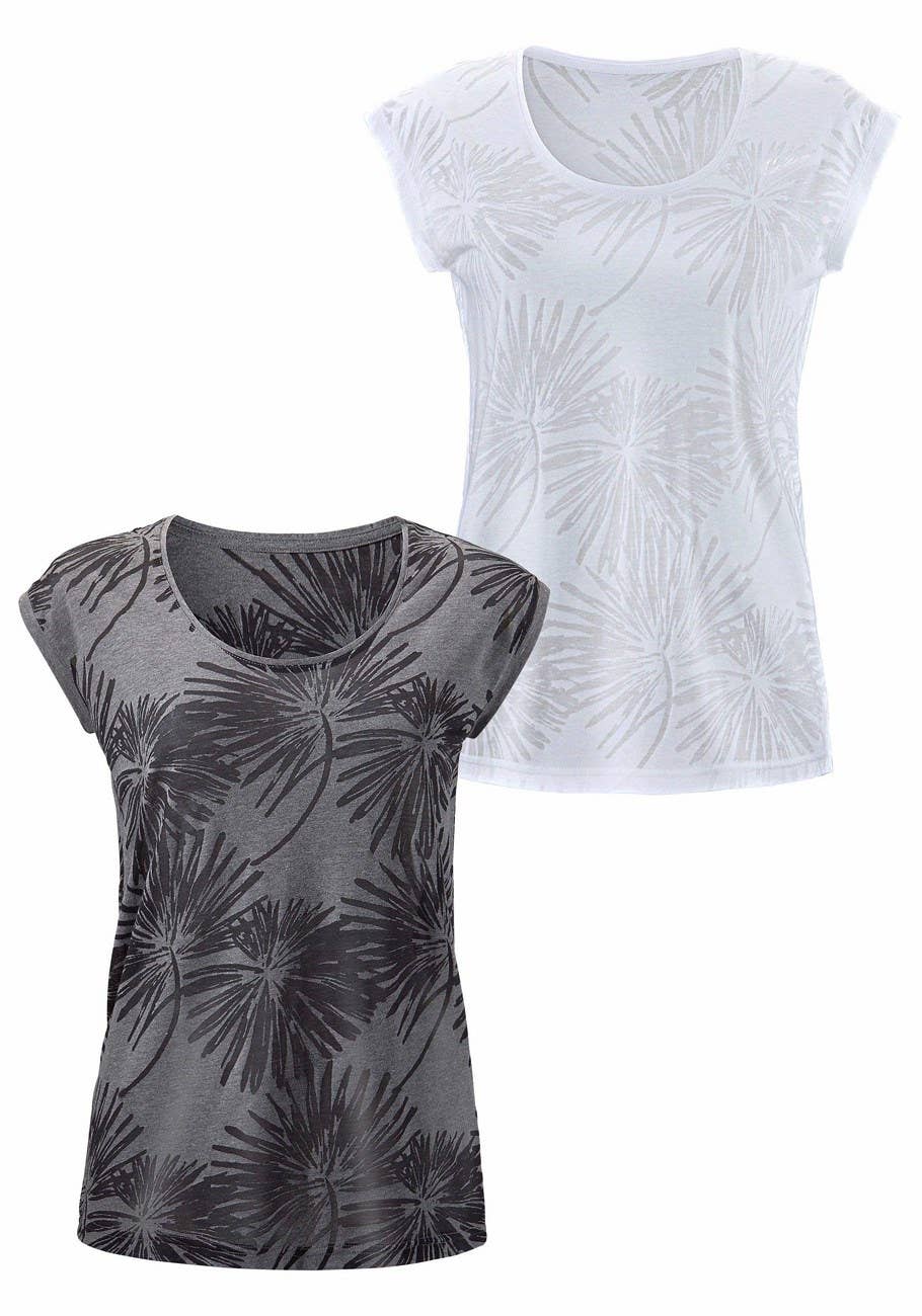 LASCANA Women's 2 Pk Palm Tree Print Tops: Apricot & White / 16/18