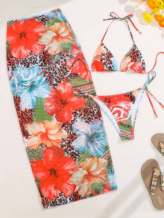 Printed Lace Up Sexy High Waisted Long Skirt Three Piece Set: Orange / XS