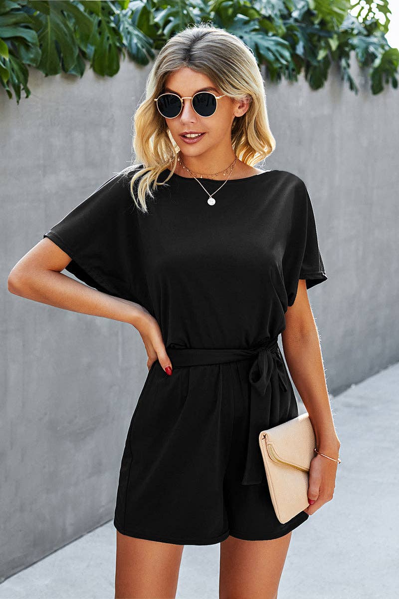 Boat Neck Short Sleeve Waist Tie Loose Romper: NAVY / XL