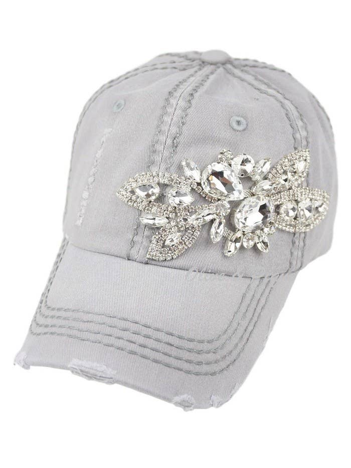 Floral Bejeweled Bling Glitz Cap, Adjustable: Black