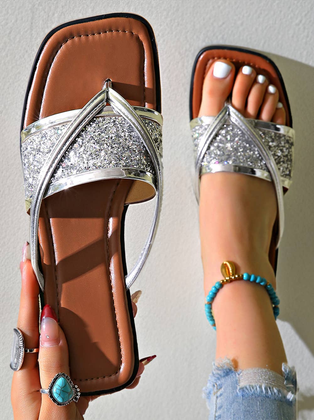 Glitter Band Square Toe PU Leather Flat Slippers: Gold / (US 8.5)40