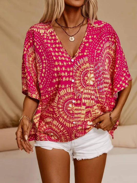 V-neck Printed Bat Sleeve Top: Red / L