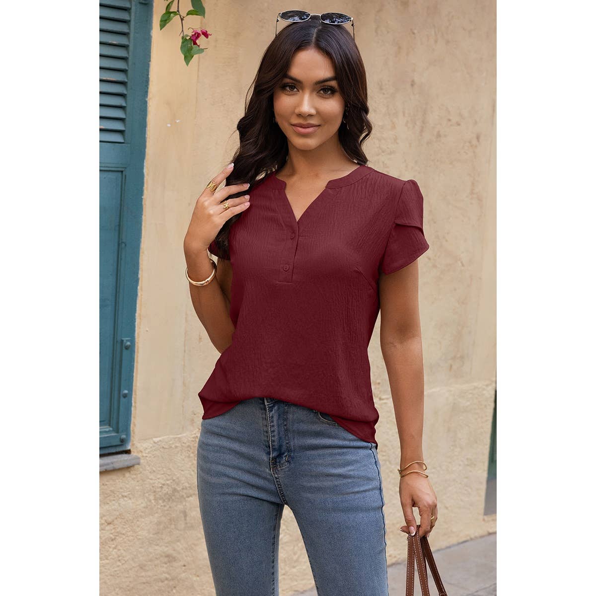 V Neck Puff Notched Short Sleeve Button Down Shirt: BEIGE / L