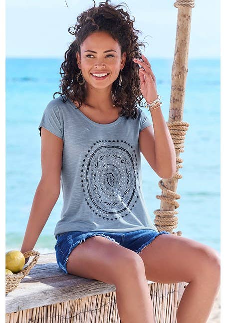LASCANA Women's Mosaic Boho Print Top: Smokey Blue / 4/6