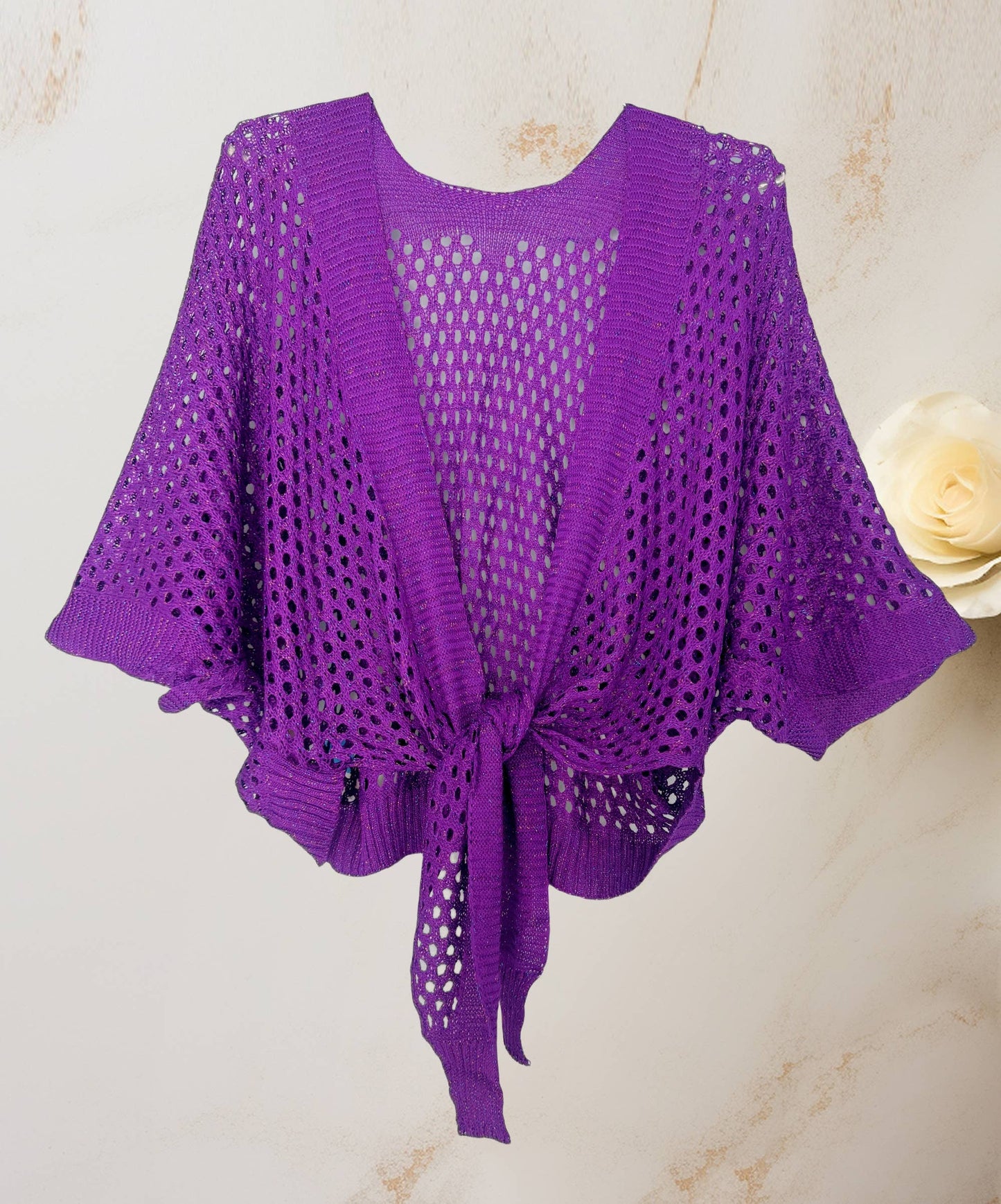 JC063344 Eyelet Open-Knit Metallic Cardigan with Front Tie: Mocha