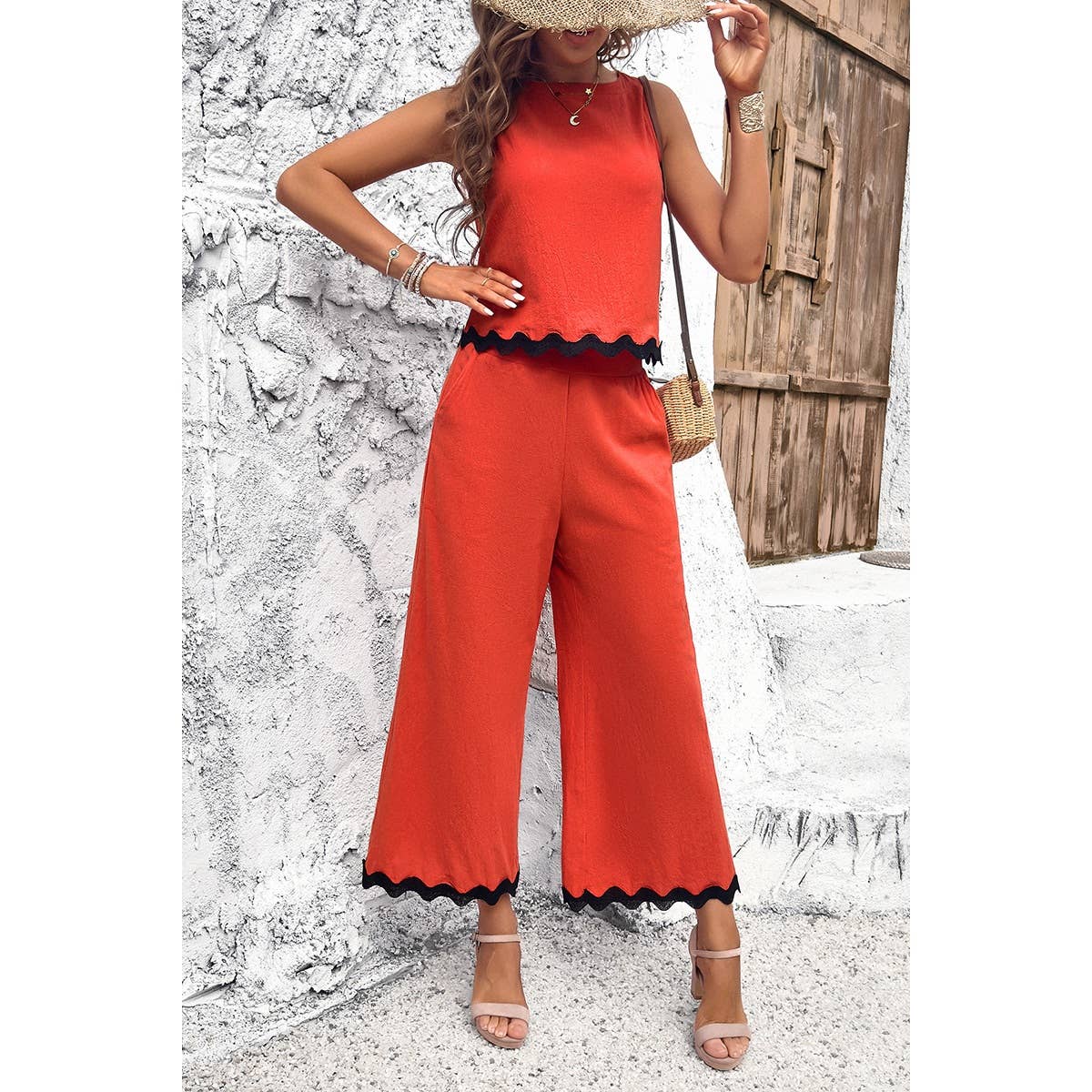 Two Pieces Printed Sleeveless Pockets Sets: BEIGE / M