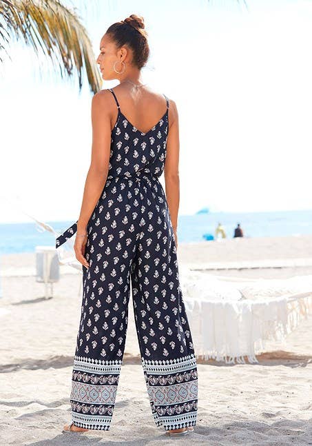 LASCANA Women's Patterned V-Neck Jumpsuit: Navy Printed / 14