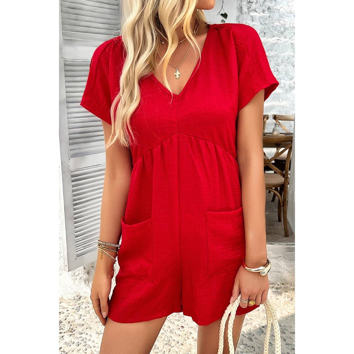 Solid Deep V Neck Drop Shoulder Loose Pockets Romper: BEIGE / M