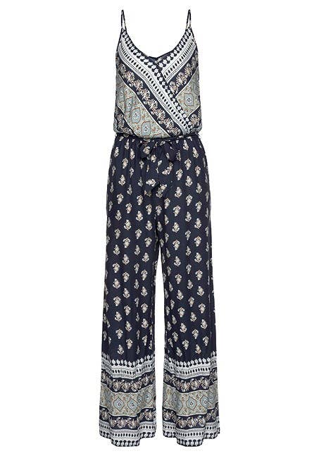 LASCANA Women's Patterned V-Neck Jumpsuit: Navy Printed / 8