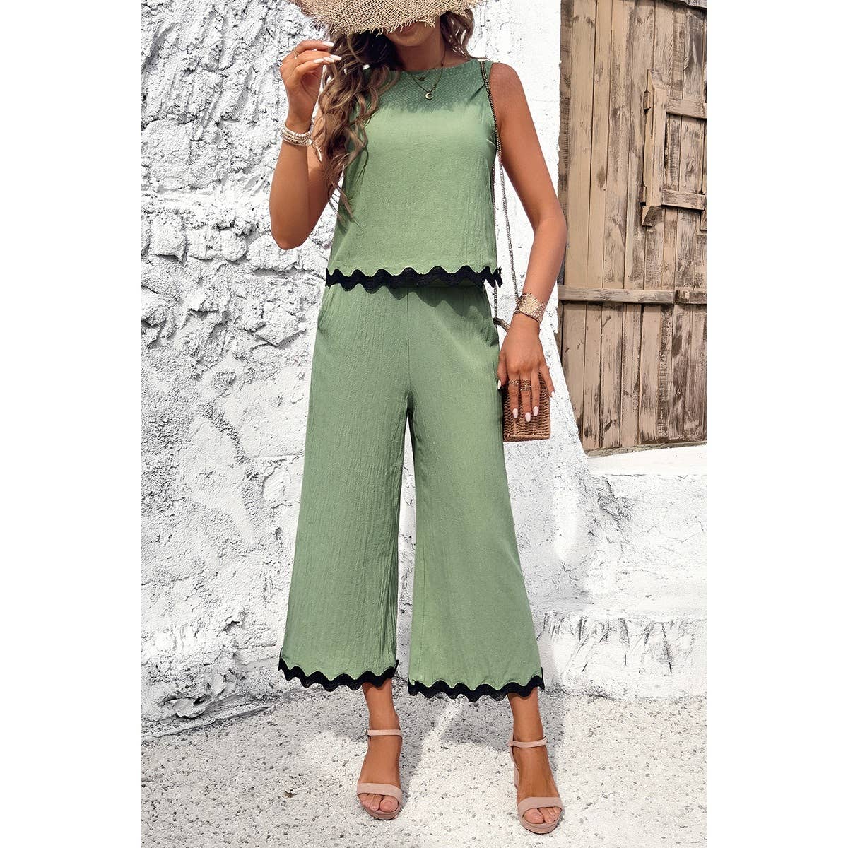 Two Pieces Printed Sleeveless Pockets Sets: BEIGE / M
