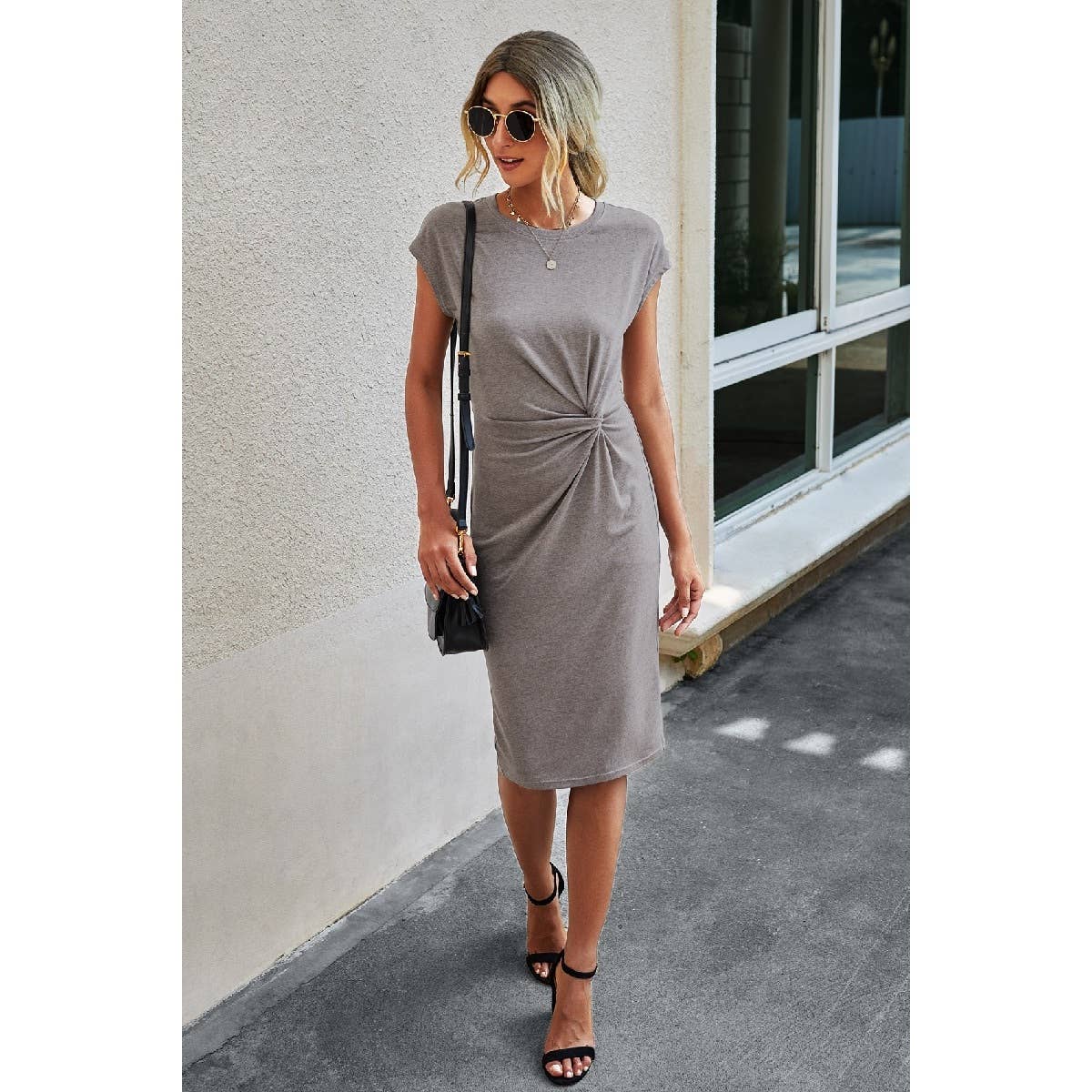 Solid Crewneck Short Sleeve High Waisted Fit Midi Dress: BLACK / M