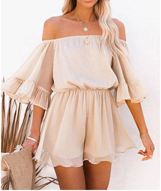 Off Shoulder Bell Sleeve Romper: BEIGE / L