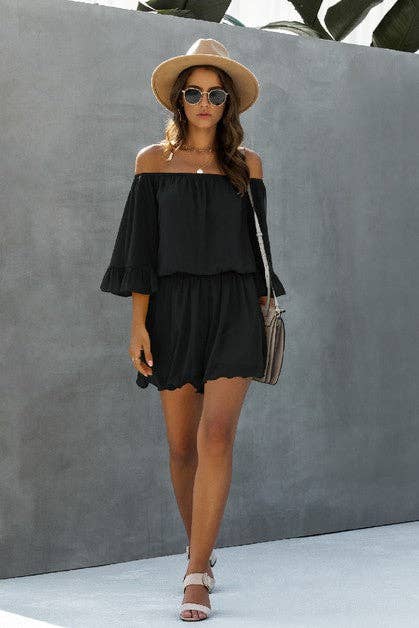 Chiffon Off Shoulder Flare Sleeves Loose Fit Romper: BLUE / 2XL
