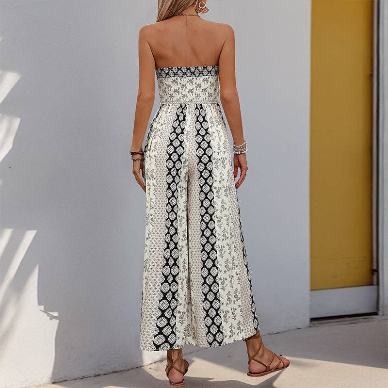 Strapless Smocked Romper Tube Top Flare Trousers Jumpsuit: Black / 100%Viscose / L