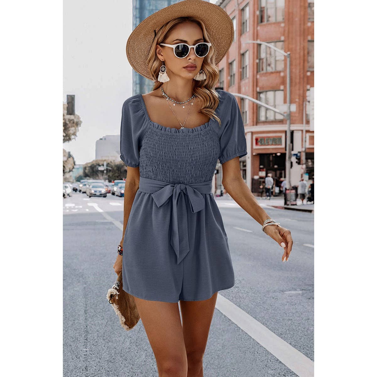 Solid Smocked Square Neck Waist Tie Romper: GREY BLUE / M