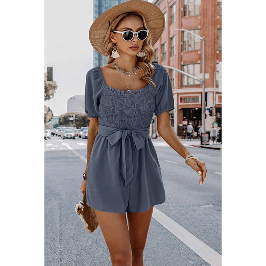 Solid Smocked Square Neck Waist Tie Romper: GREY BLUE / M