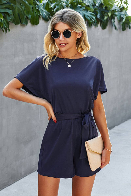 Boat Neck Short Sleeve Waist Tie Loose Romper: NAVY / L