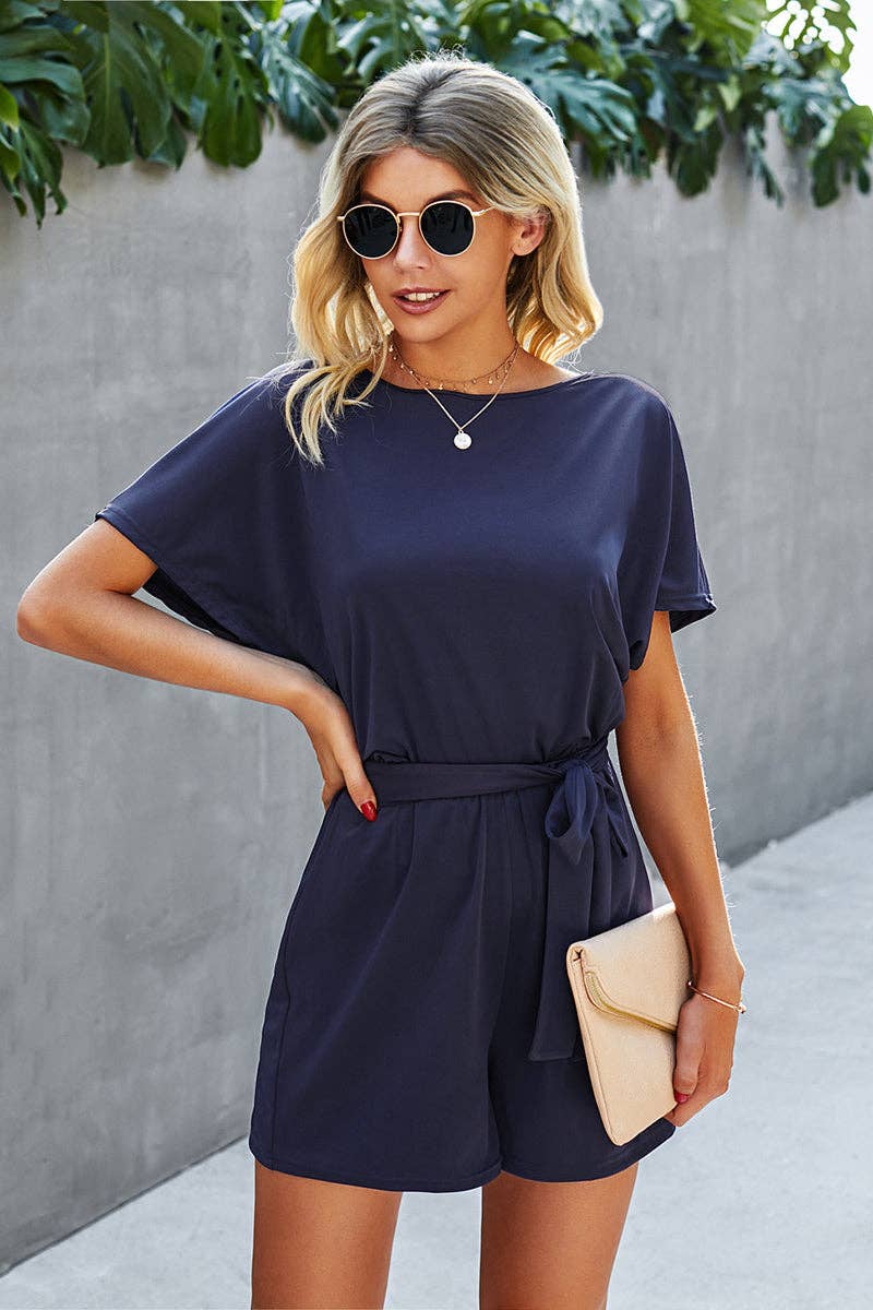 Boat Neck Short Sleeve Waist Tie Loose Romper: NAVY / M