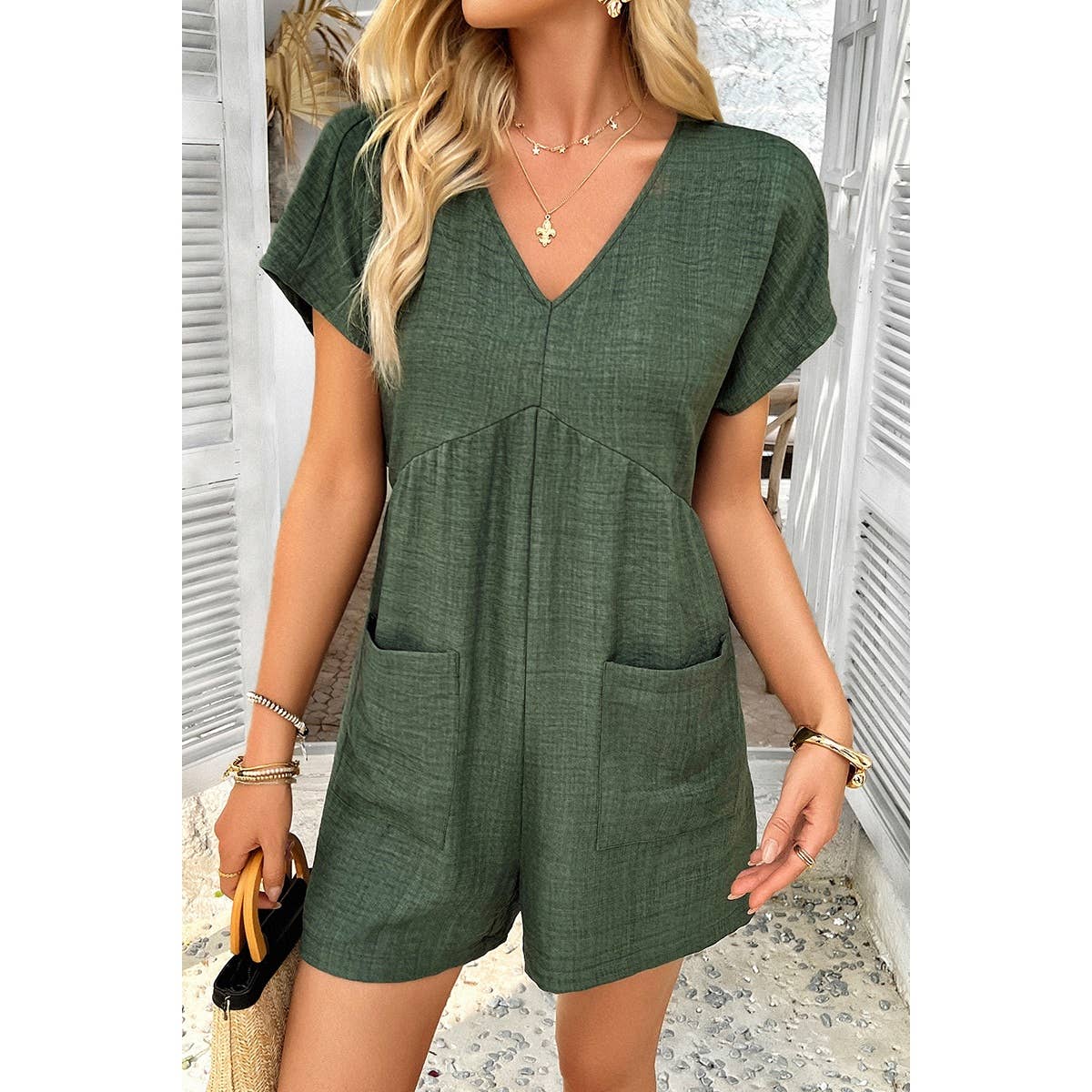 Solid Deep V Neck Drop Shoulder Loose Pockets Romper: BEIGE / XL