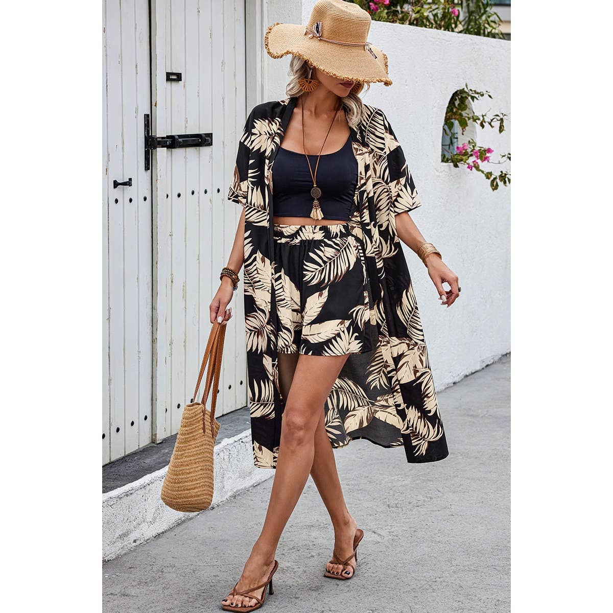 Two Pieces Leaves Print Elastic Waist Short Sets: BLACK / S
