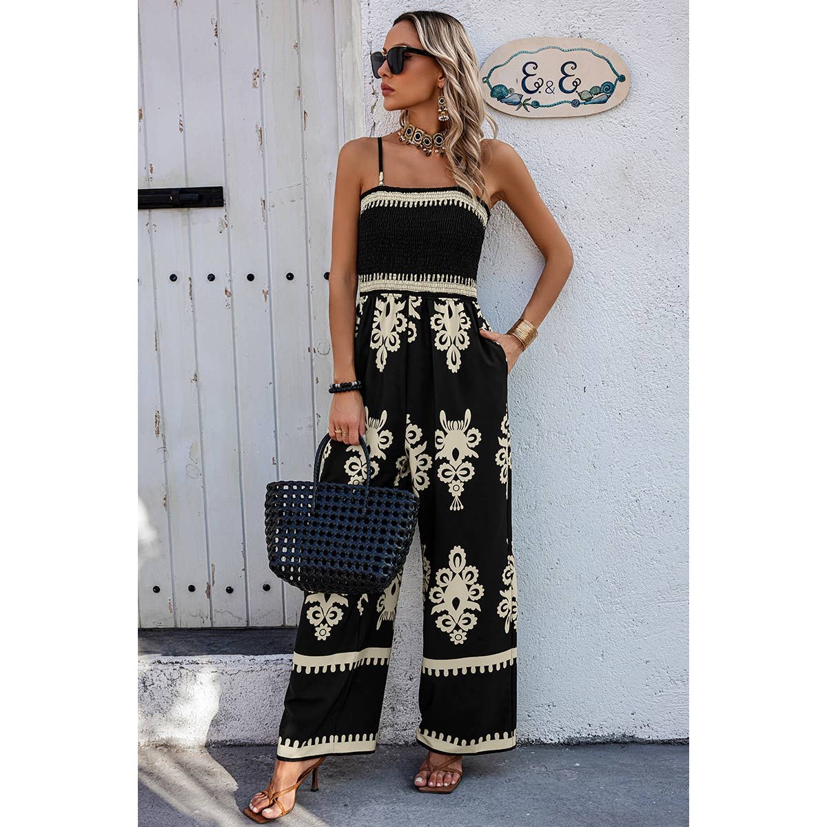 Geo Print Off Shoulder High Waist Fit Jumpsuit: Khaki / 2XL