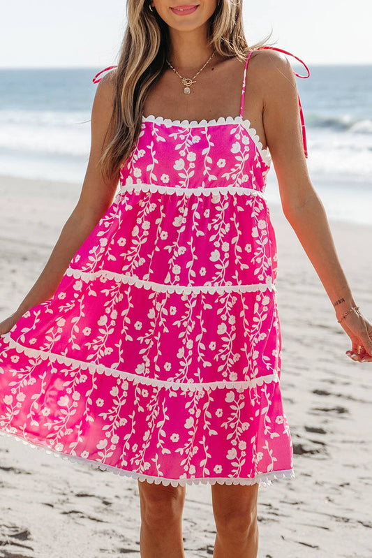 LDC Floral Print Ric Rac Patched Sleeveless Mini Dress: Pink / L