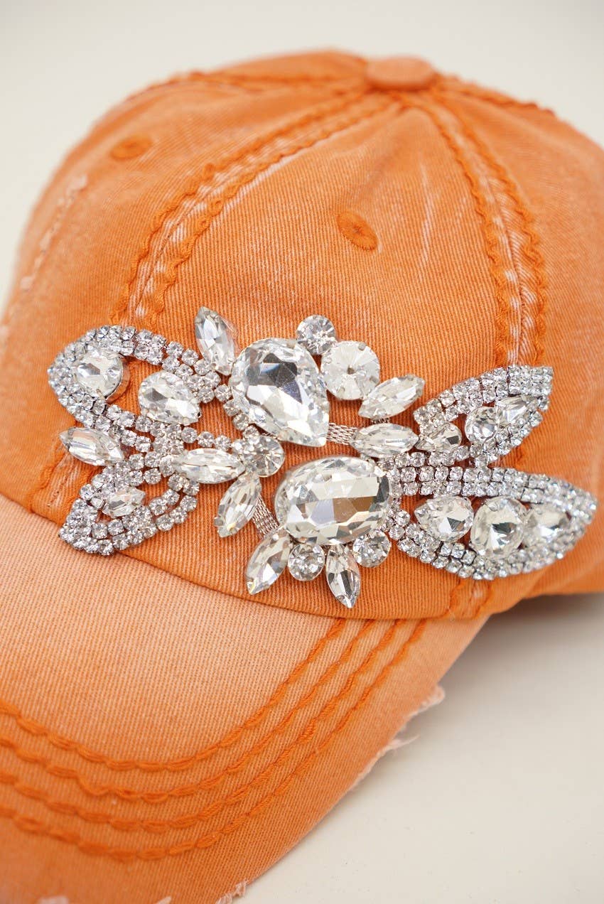 Floral Bejeweled Bling Glitz Cap, Adjustable: Black