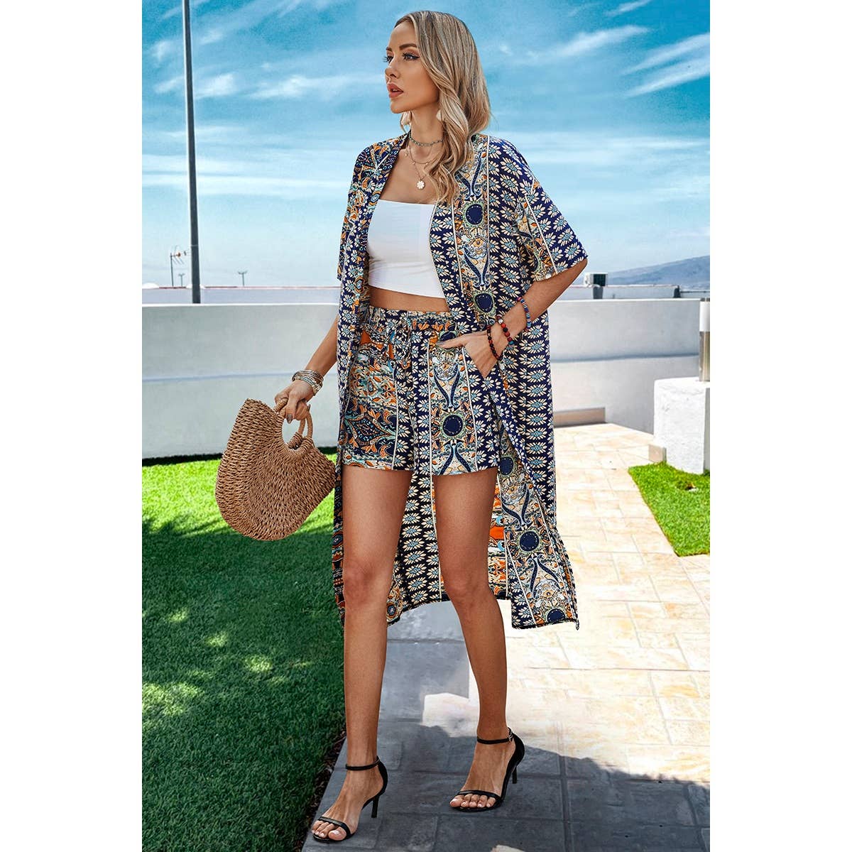 Allover Print Drop Shoulder Kimono And Shorts: NAVY / XL