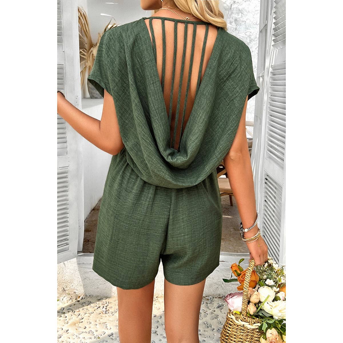 Solid Deep V Neck Drop Shoulder Loose Pockets Romper: BLACK / L
