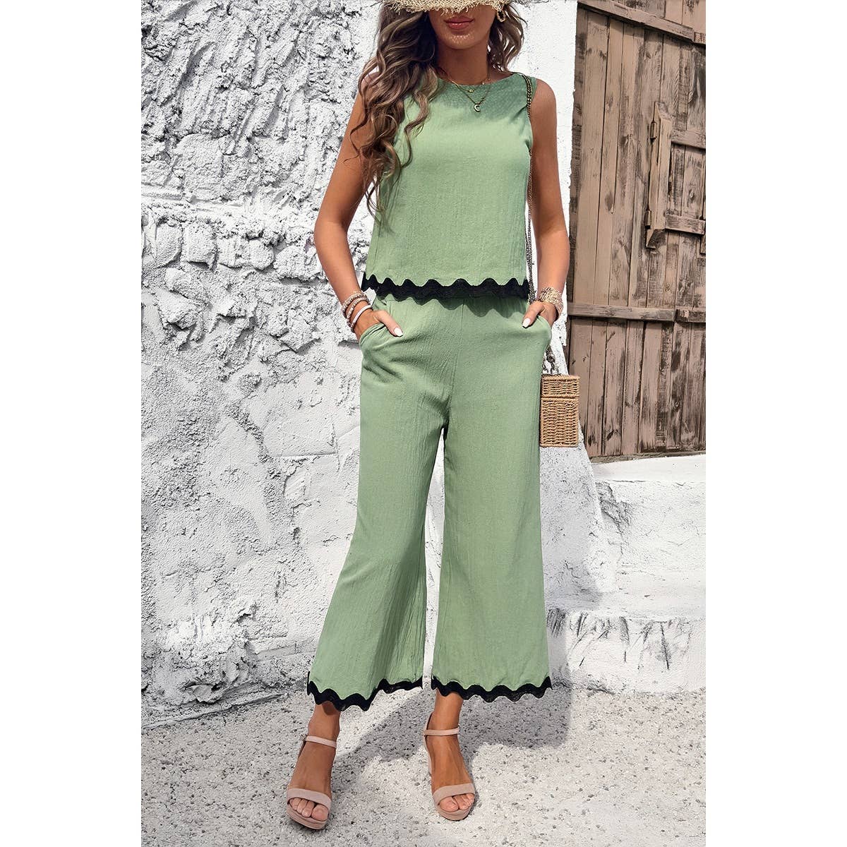 Two Pieces Printed Sleeveless Pockets Sets: BEIGE / XL