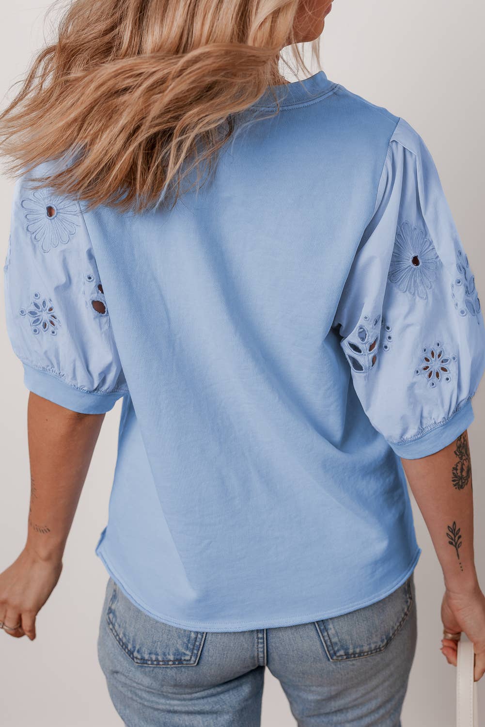LDC Eyelet Flower Embroidered Patched Sleeve Blouse: Beau Blue / XL