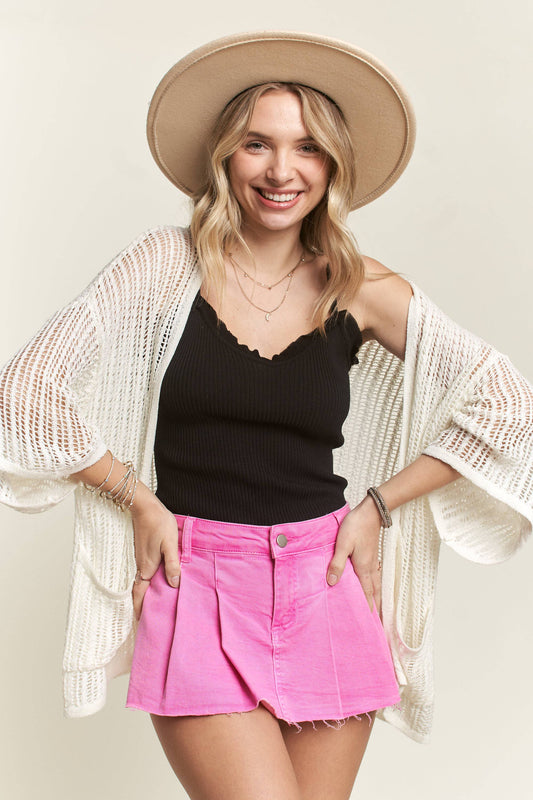 LEJ2144 - FISHNET KNIT SHORT SLEEVE CARDIGAN: BLACK / M