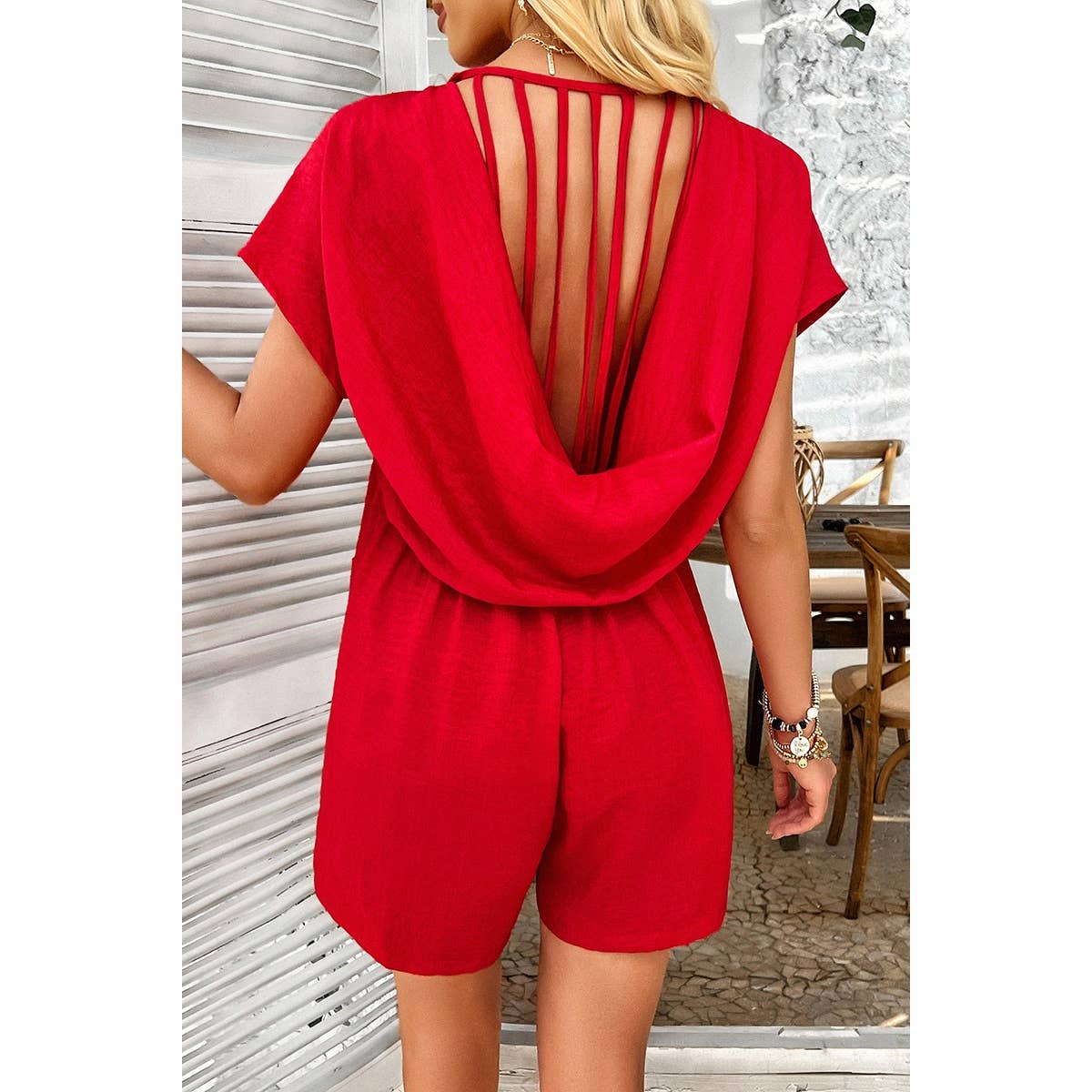 Solid Deep V Neck Drop Shoulder Loose Pockets Romper: BEIGE / L