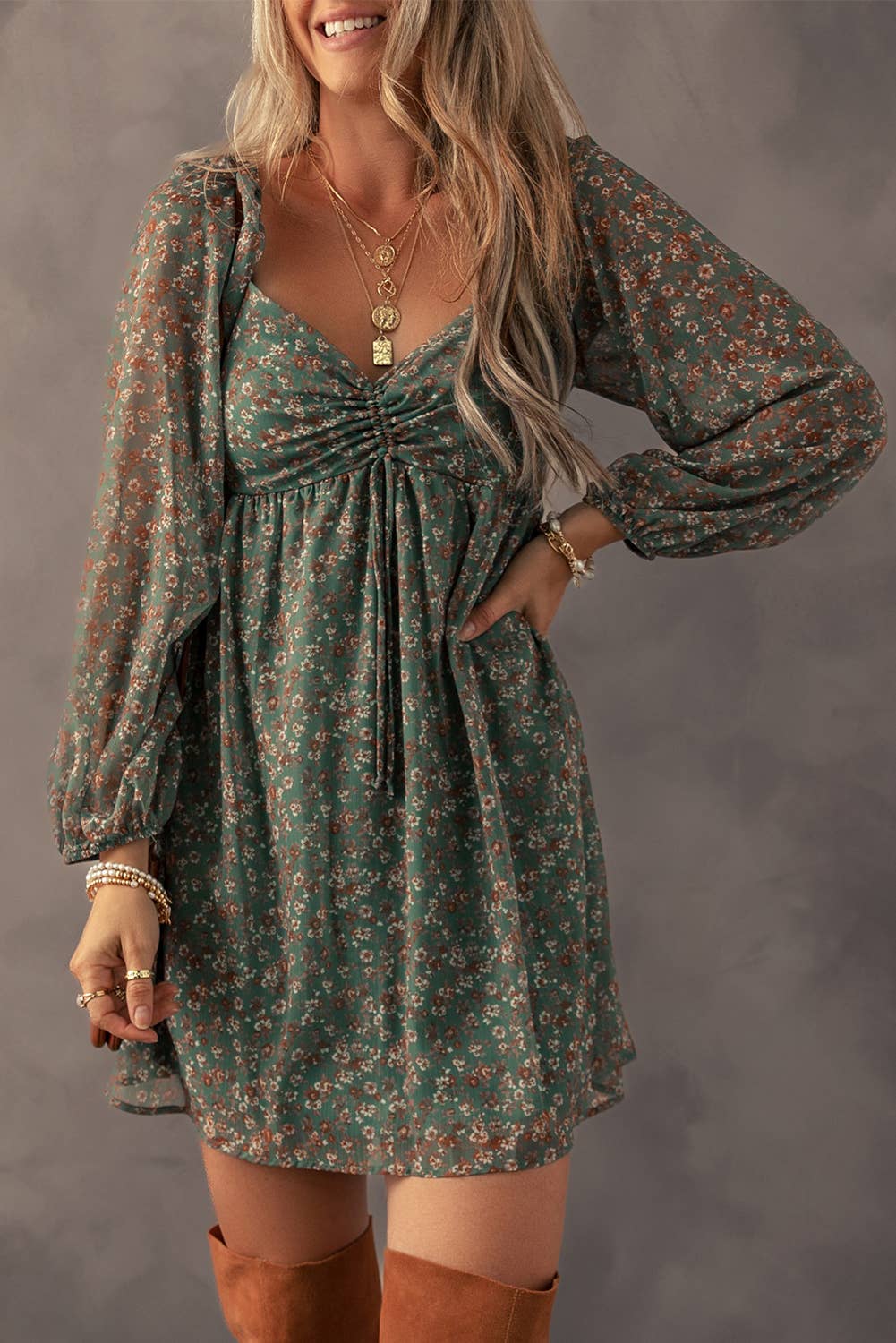 LDC Drawstring Ruched Sweetheart Neck Floral Mini Dress: Green / Missy / M