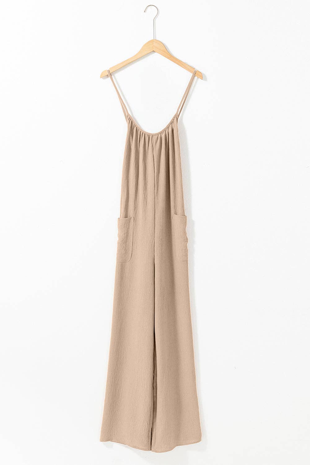 Apricot Spaghetti Straps Waist Tie Wide Leg Jumpsuit with Pockets: Apricot / 100%Polyester / XL