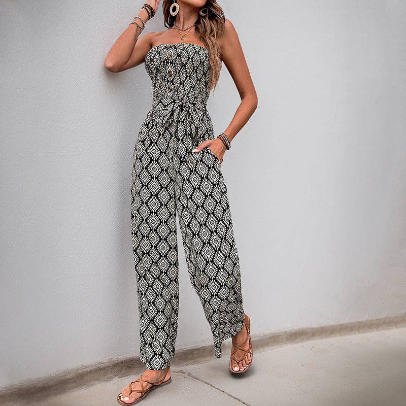 Women's Bohemian Print Smocked Strapless Jumpsuit: Black / 100%Polyester / M