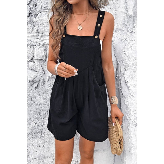 Square Neck Pockets Button Tirm Ruched Romper: BLACK / S