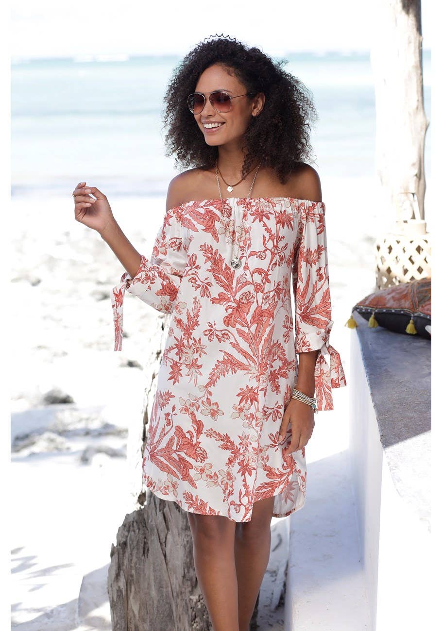LASCANA Women's Off Shoulder Floral Dress: Red Multi / 8