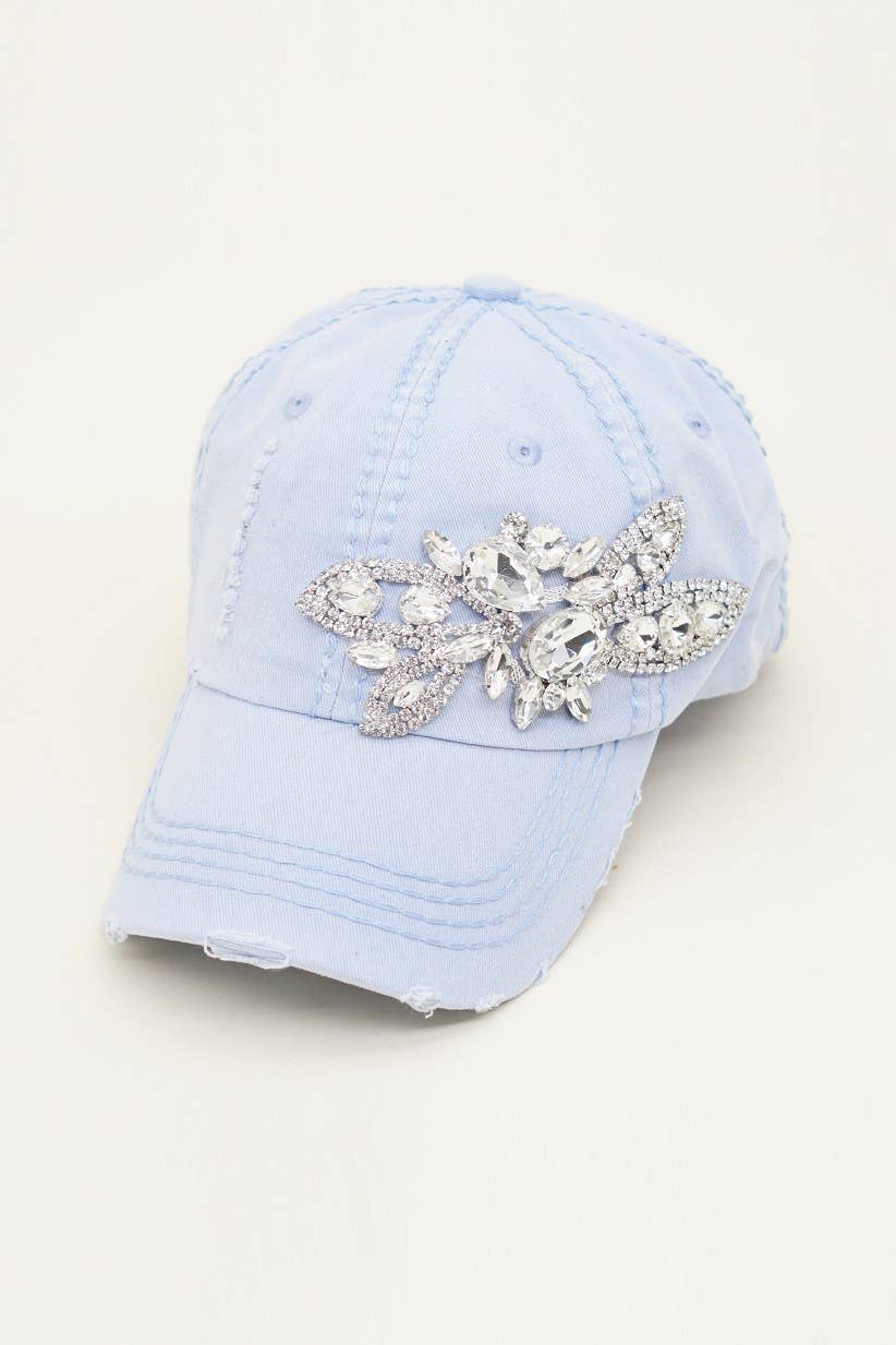 Floral Bejeweled Bling Glitz Cap, Adjustable: Black