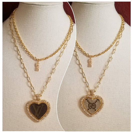 Authentic upcycled double sided heart LV & GG